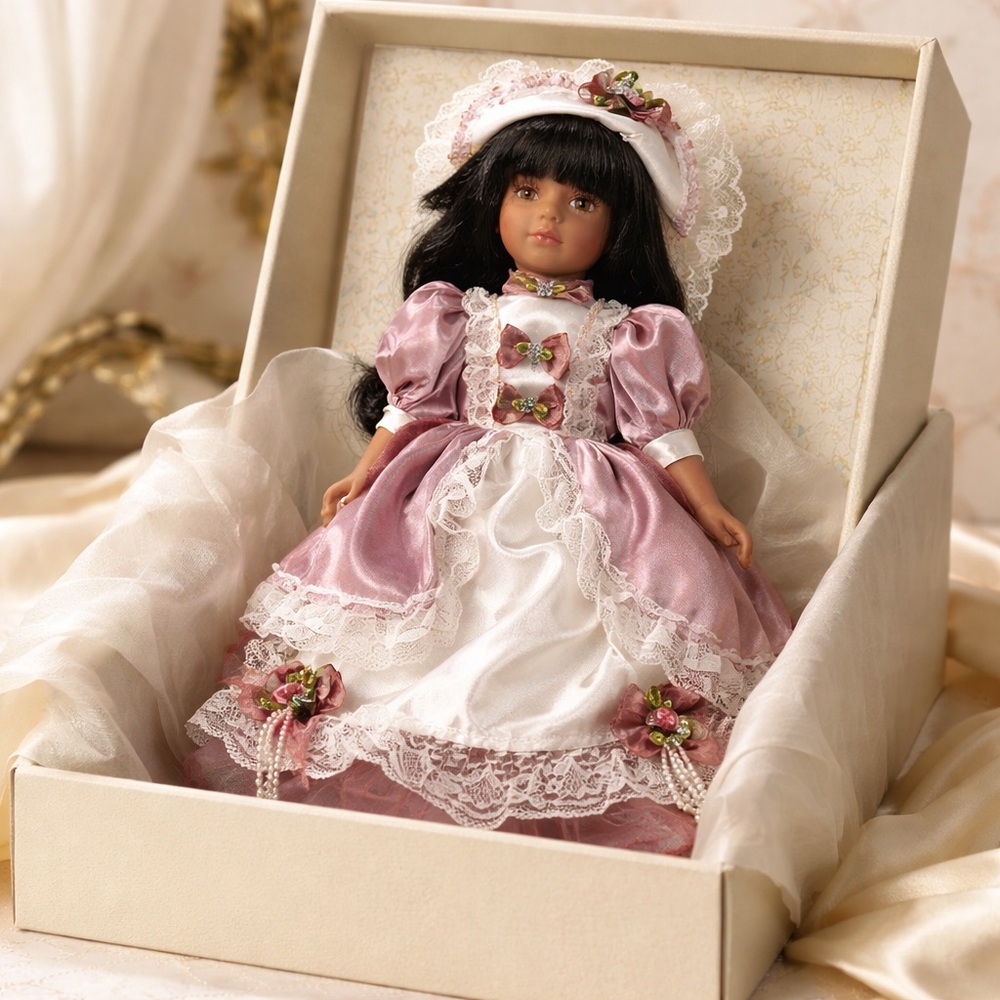 Jenny Faith Porcelain Fashion Doll in Purple and White Dress Decorative W/Stand